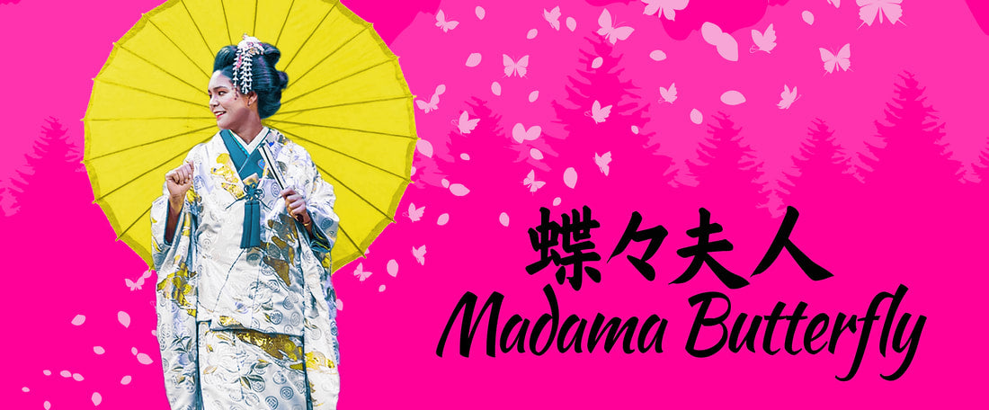 Promotional banner for Pacific Opera Project's Madama Butterfly featuring a geisha in a white and gold kimono holding a yellow umbrella against a pink background.