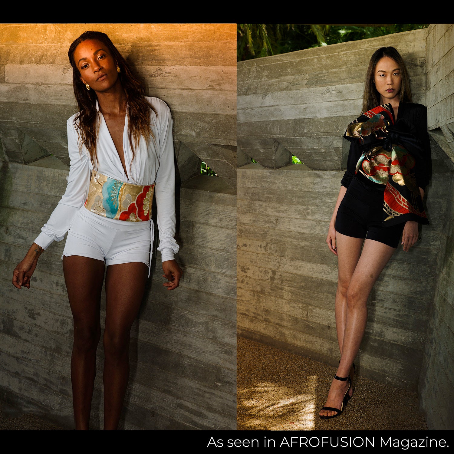 Two models showcasing MOONIK's modern accessories made from vintage Japanese kimono obi. One wears a colorful MOONIK waist belt with a white romper, the other styles a red and gold MOONIK scarf with a black outfit.