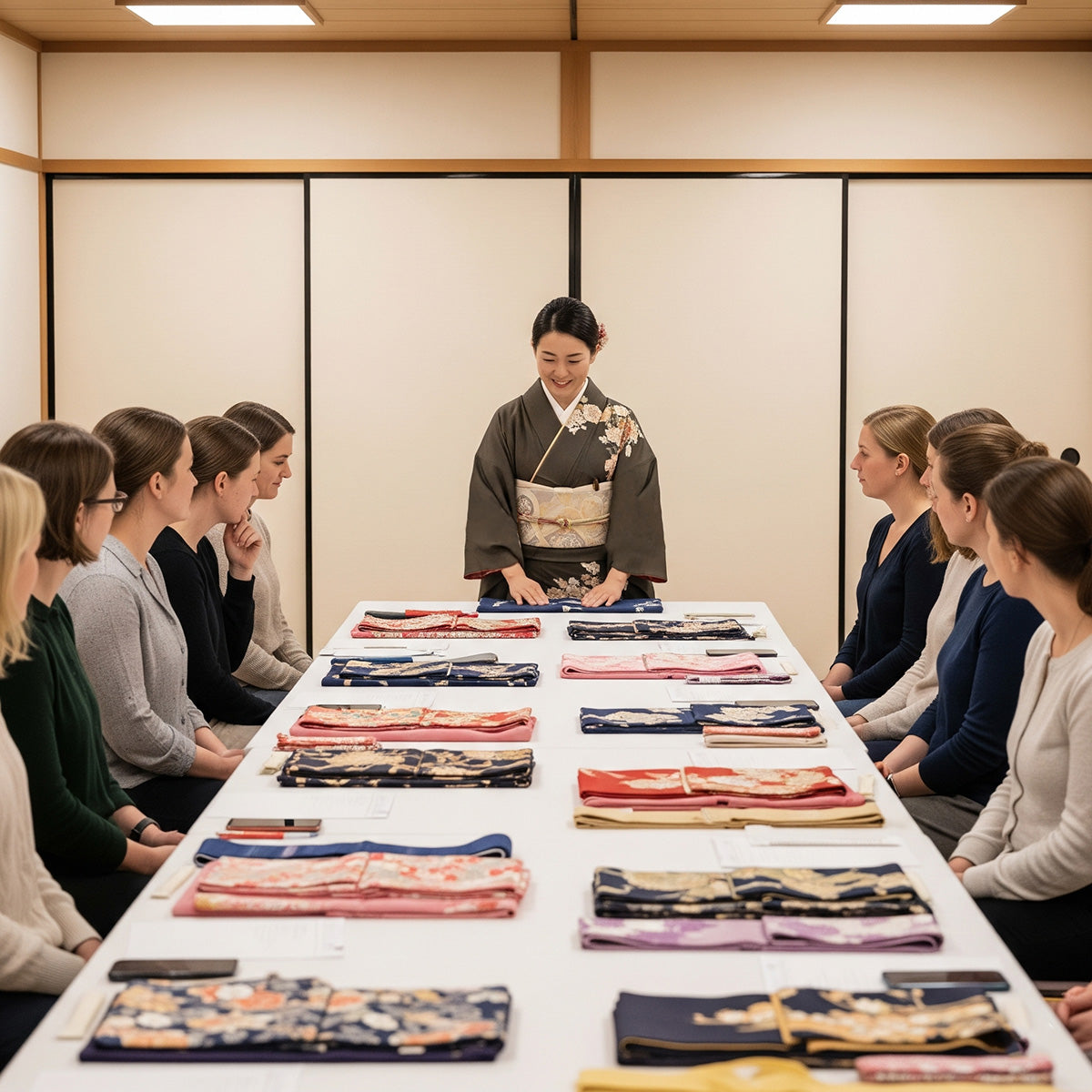 Woman in Japanese traditional attire demonstrating kimono folding to a group of people in a classroom setting.